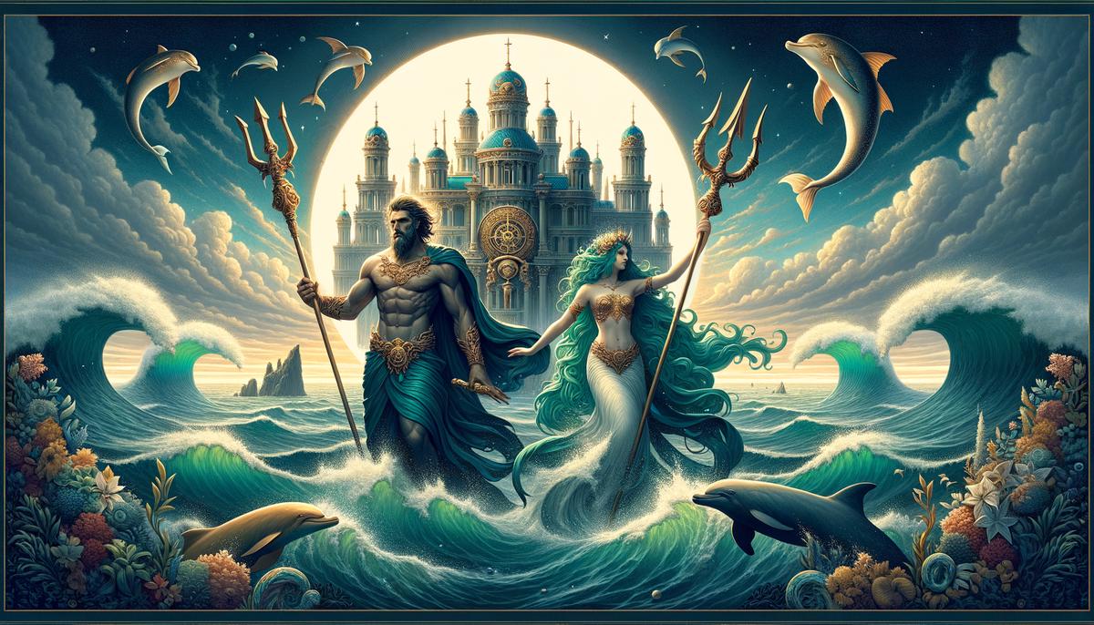 Amphitrite and Poseidon's marriage, depicting their union as a balance of power and serenity, with Poseidon holding his trident and Amphitrite calming the waves