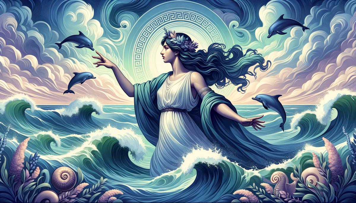 Amphitrite using her power to calm the turbulent seas, with her hand outstretched and the waves settling around her
