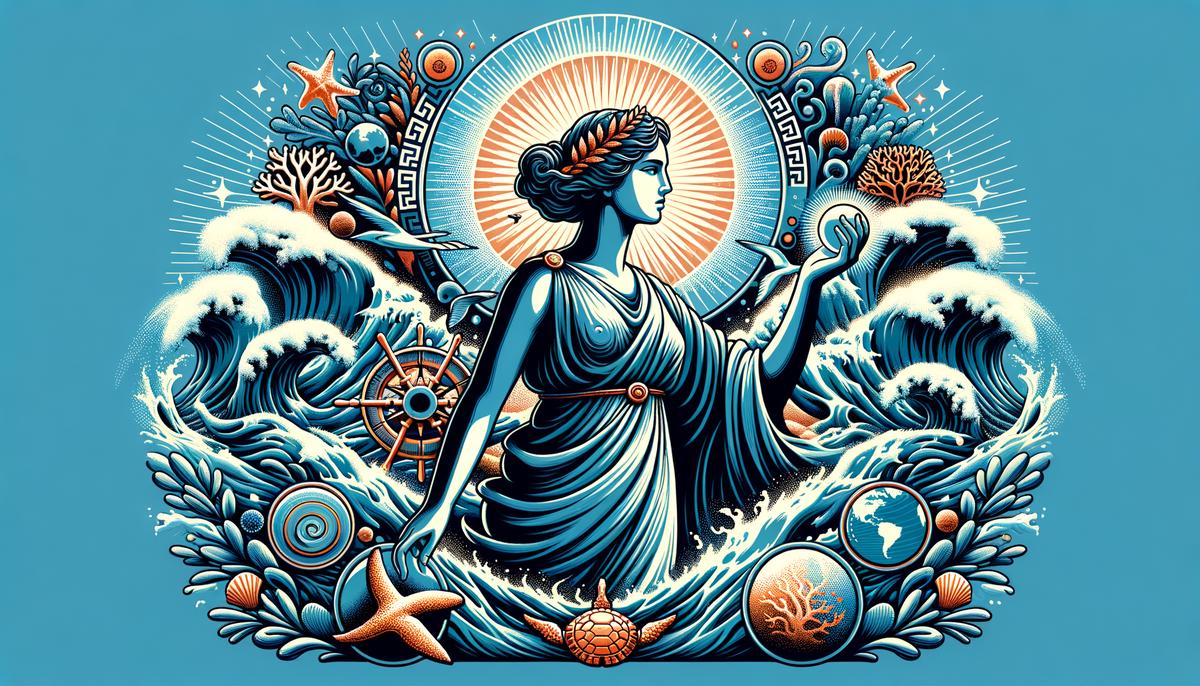 A modern artistic representation of Amphitrite as an eco-warrior goddess, advocating for marine conservation and environmental protection