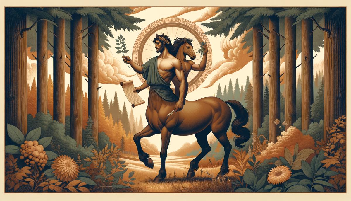Chiron, the wise and just centaur, born from the union of Philyra and Cronus, symbolizing the balance of wisdom and strength.