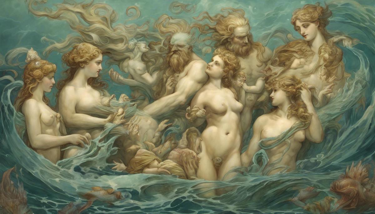 Nereus and Doris, the ocean deities and parents of Amphitrite, depicted as wise and nurturing figures surrounded by their Nereide daughters