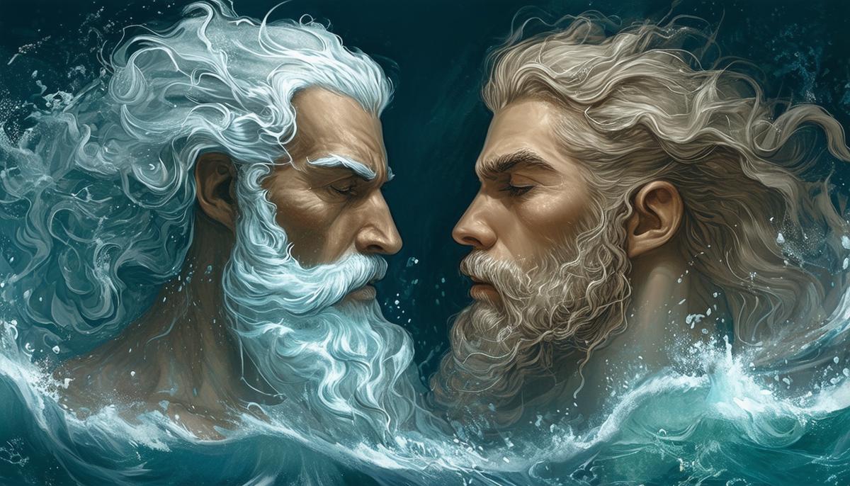 Oceanus and Tethys, the titan rulers of the sea and fresh water, symbolizing the elemental power and divine lineage of their daughter, Philyra.