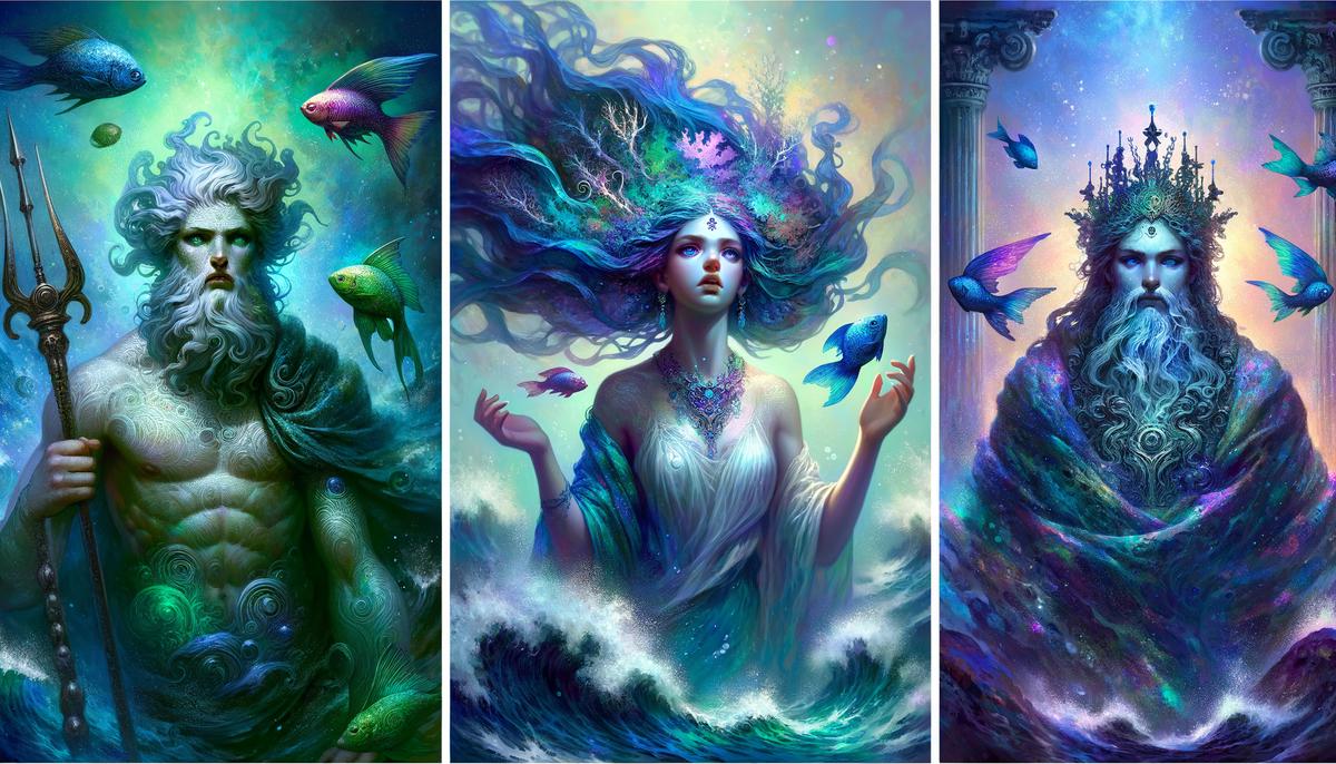 Thalassa, Amphitrite, and Salacia, the sea deities from Greek and Roman mythology, portrayed together to highlight their unique roles and characteristics