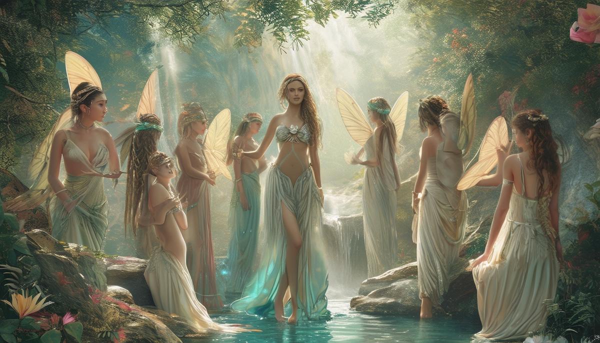 A whimsical scene depicting the diverse realm of nymphs in Greek mythology, with Philyra standing out among them as a symbol of enduring change and resilience.